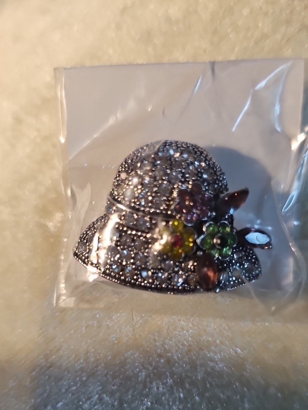 Rhinestone Floral Hat Brooch - Silver with Multi-Colored Accents